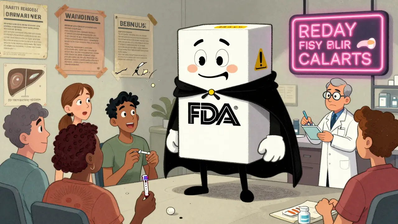 A superhero-style boxed warning protects patients as they follow safety steps like blood tests and monitoring.