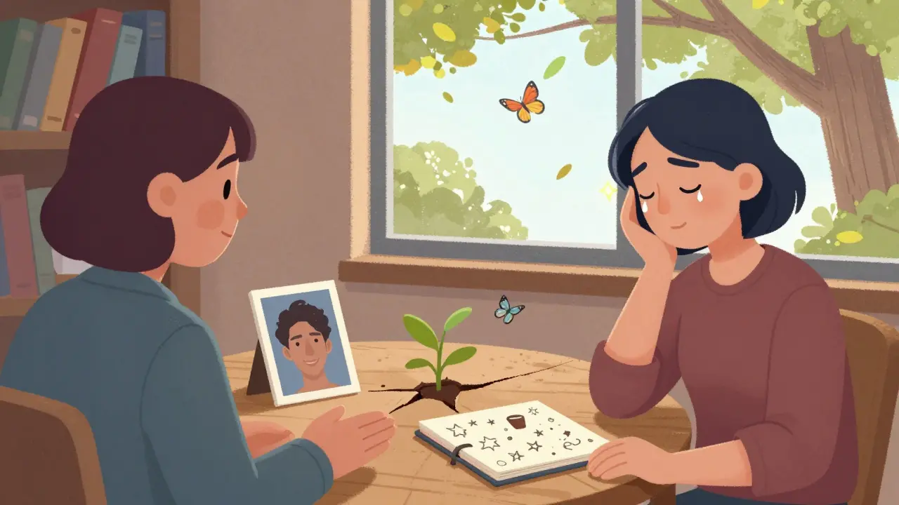 A therapist and grieving person in a cozy room, with a photo, notebook, and growing plant between them.