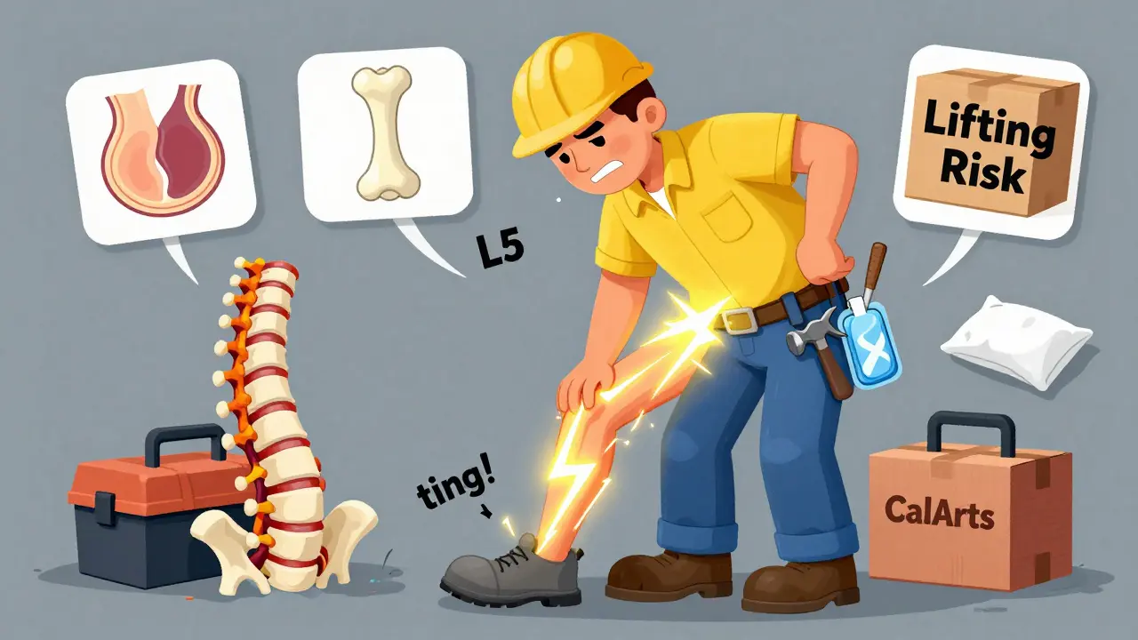 A worker experiencing sciatica with a glowing nerve zapping down their leg, surrounded by lifting risk icons and spine diagram.
