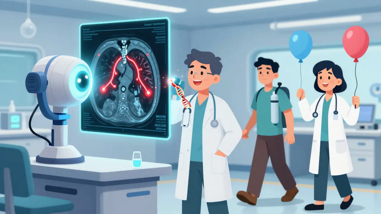 AI scanning a lung CT scan while a patient walks with oxygen, symbolizing early detection and improved outcomes.
