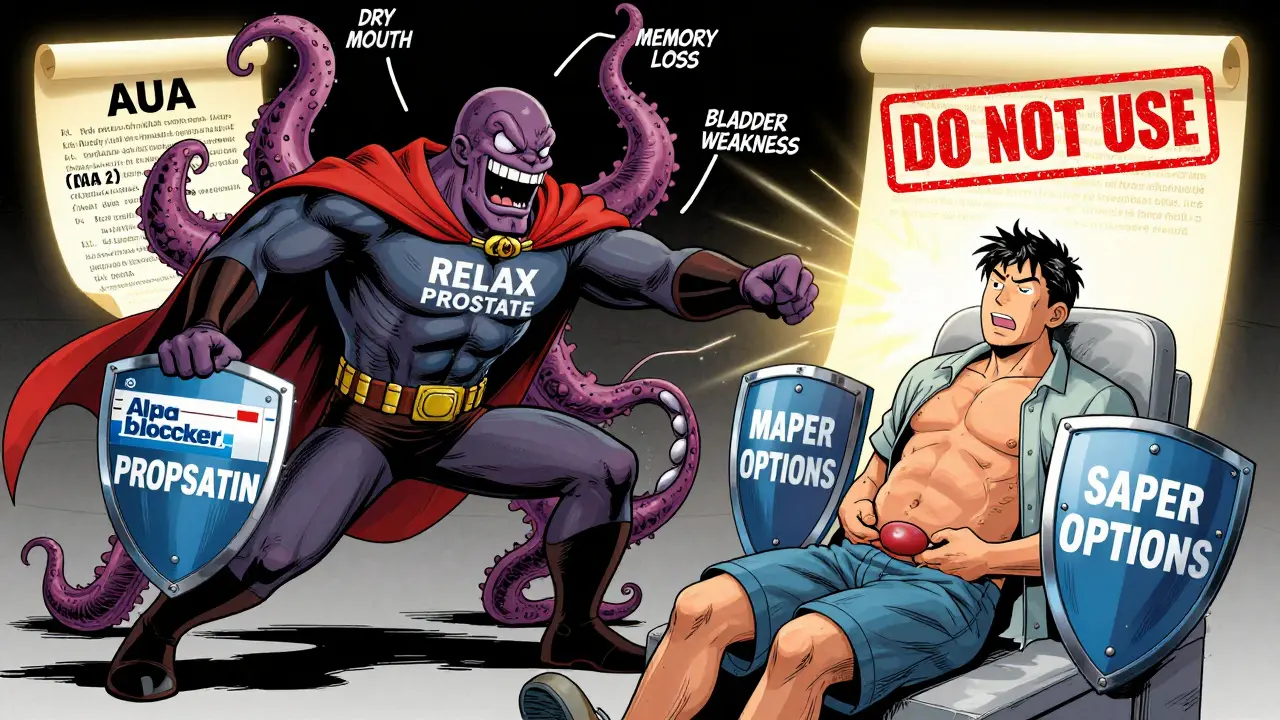 Alpha-blocker superhero fighting anticholinergic monster while safer treatments stand by, patient relieved.