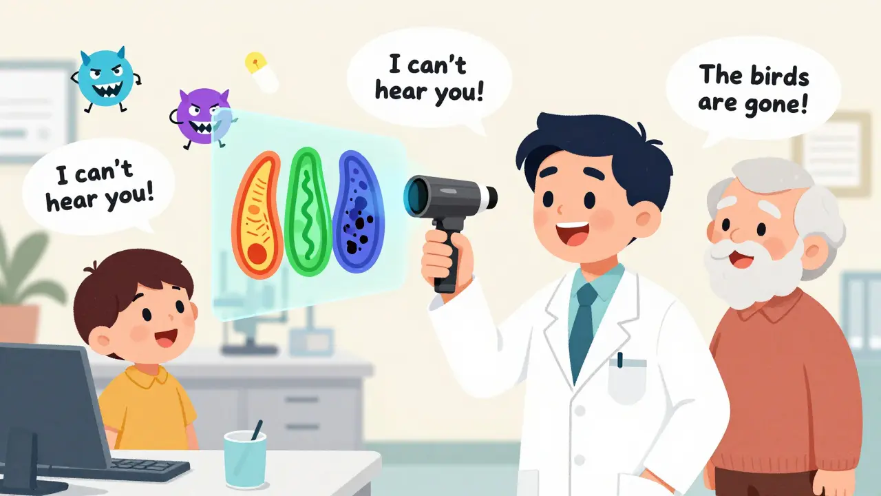 Audiologist using a high-tech ear scanner to show healthy vs. damaged cochlear cells to patients.