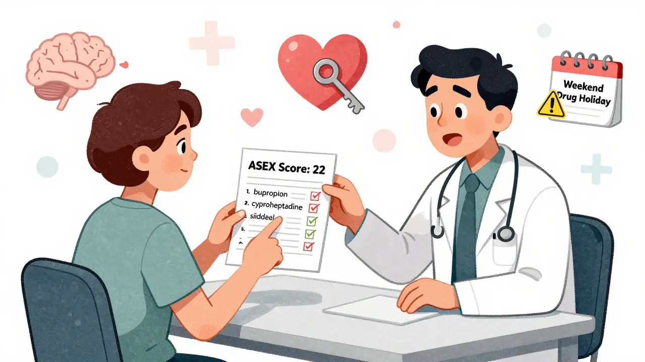Doctor and patient discussing sexual side effects with alternative treatments shown on a printed chart.