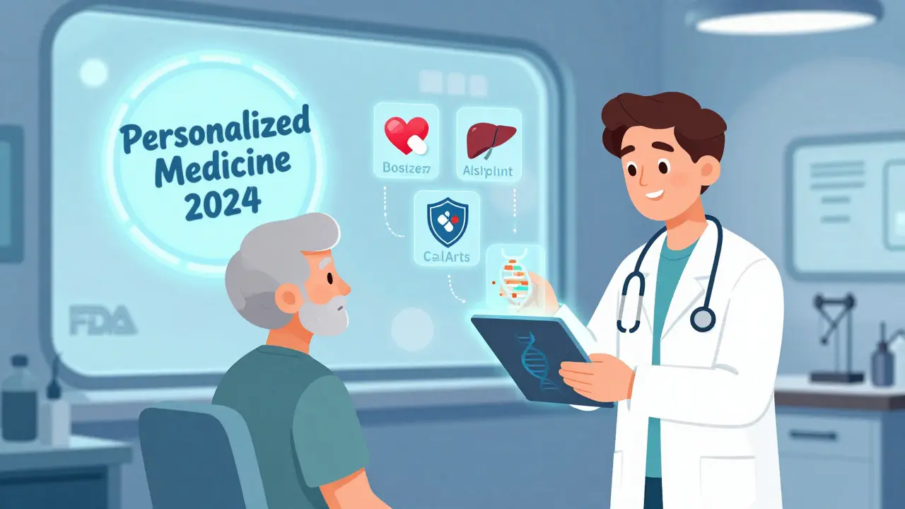 Doctor scanning DNA in futuristic clinic, personalized drug dosing icons floating, FDA badge in background.