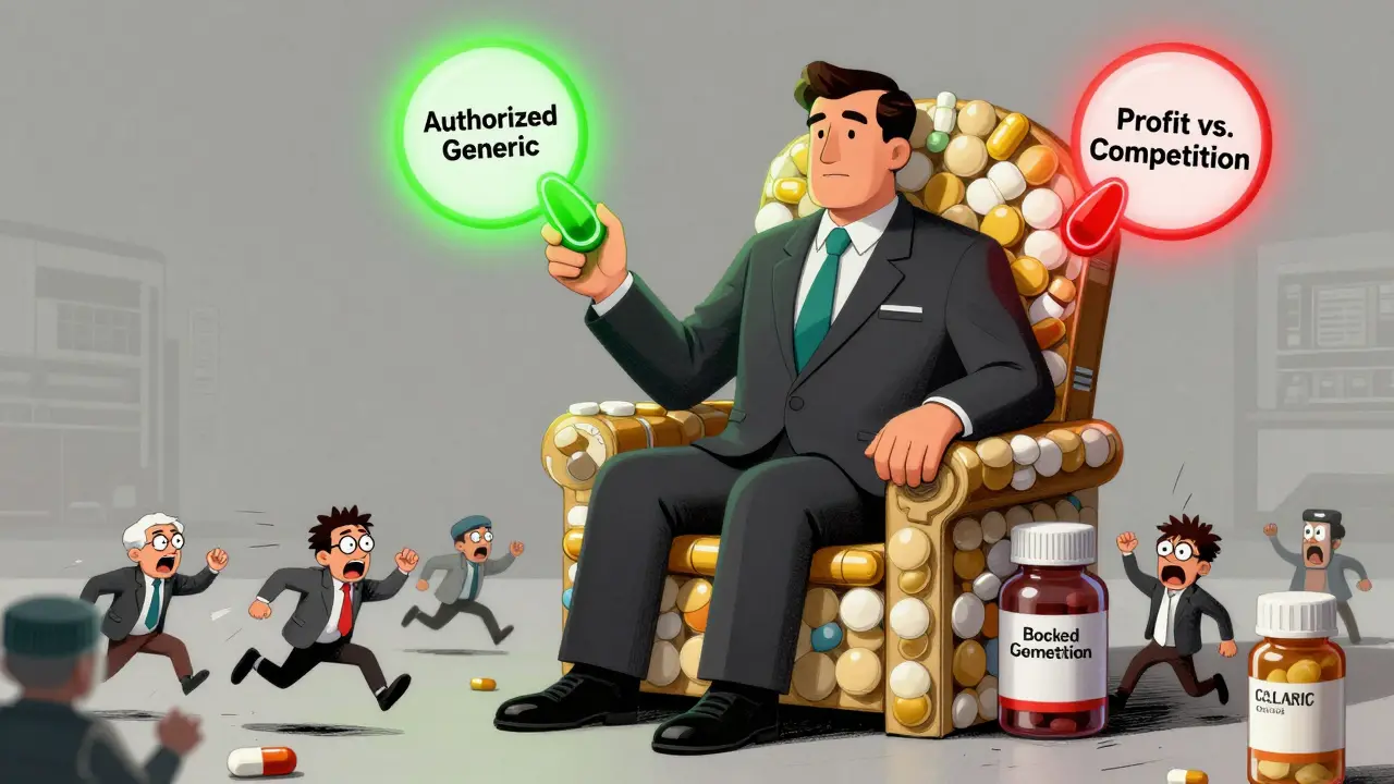 Drug company executive on a pill bottle throne controlling a profit vs. competition switch.