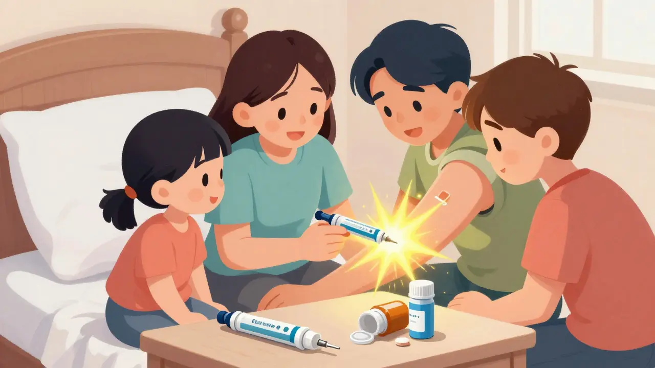 Family administering EpiPen to thigh, glowing energy burst, emergency medication visible.