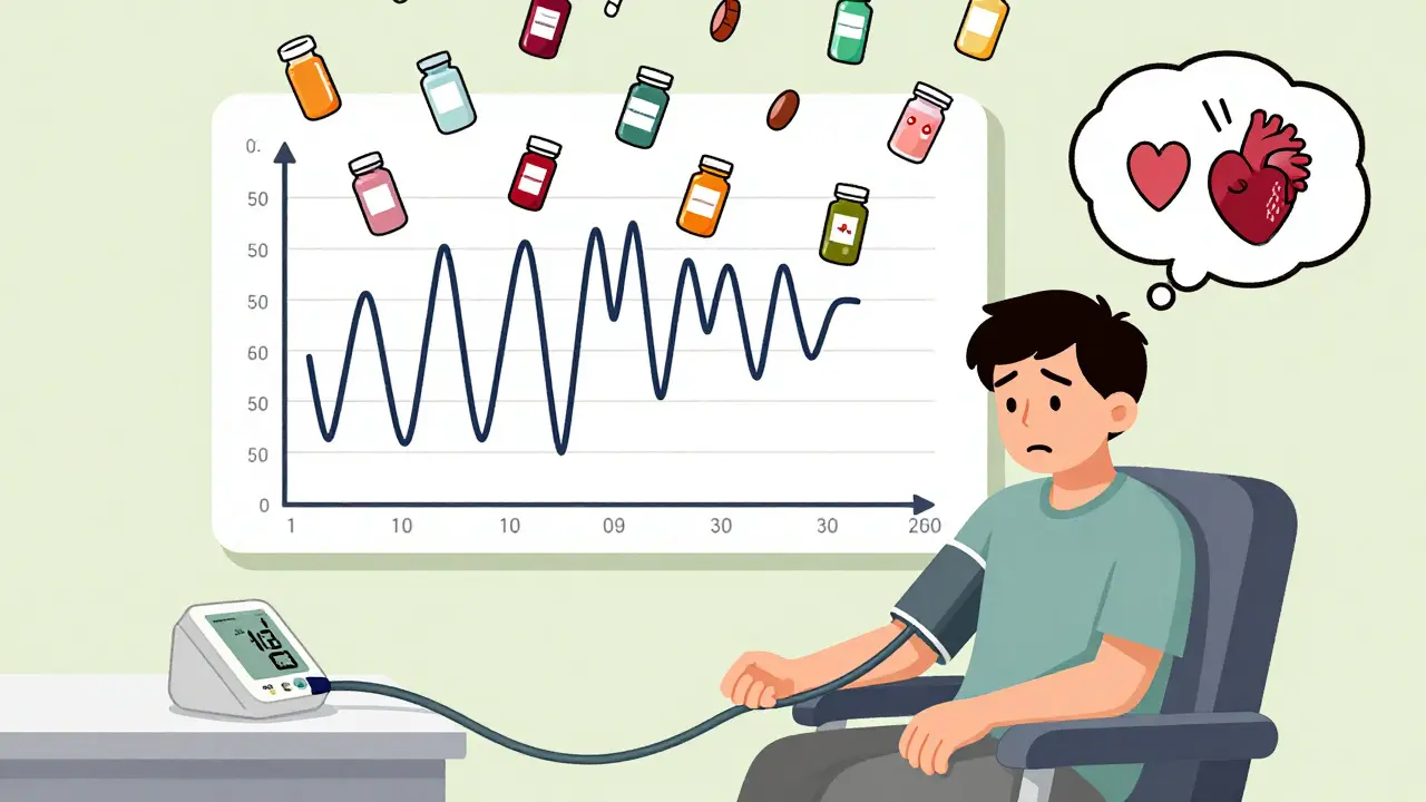 Fluctuating health metrics as multiple pill bottles fall from above