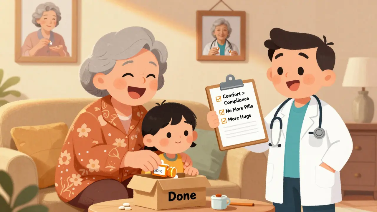 Grandmother smiling as she puts statins in a box labeled 'Done', with grandchild and doctor nearby.