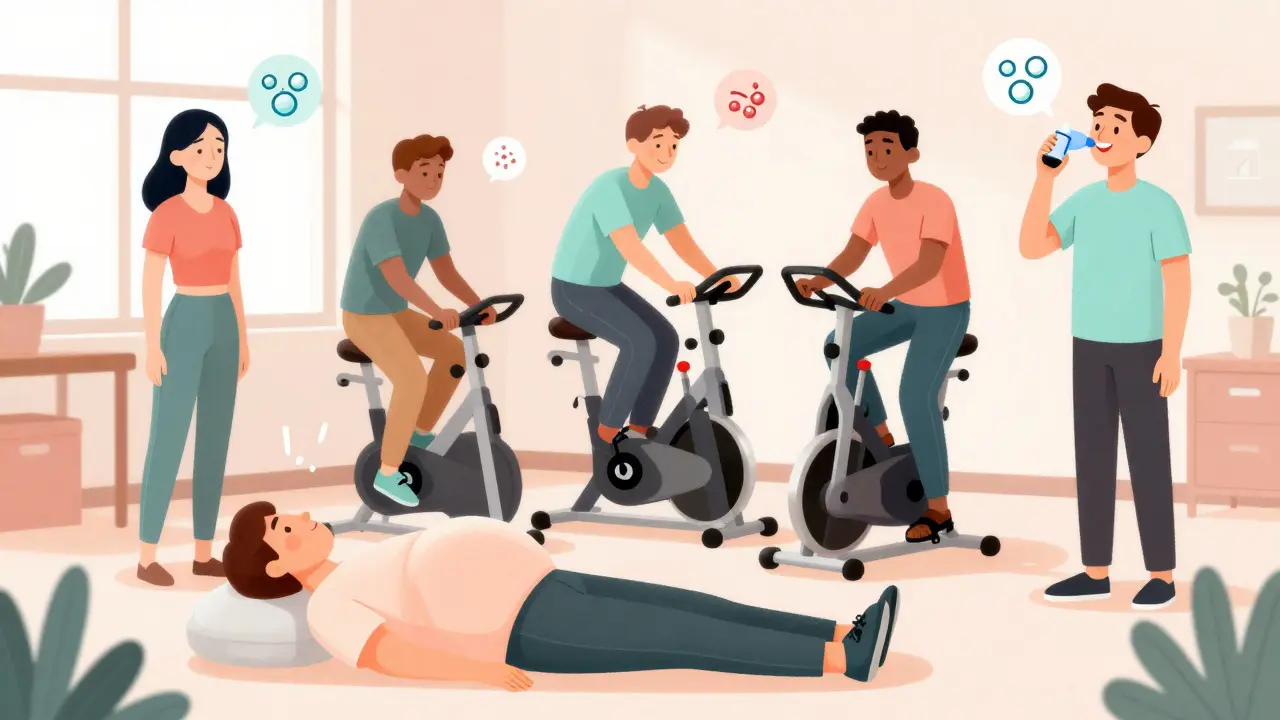 Group practicing breathing exercises in a sunny rehab room with floating oxygen icons