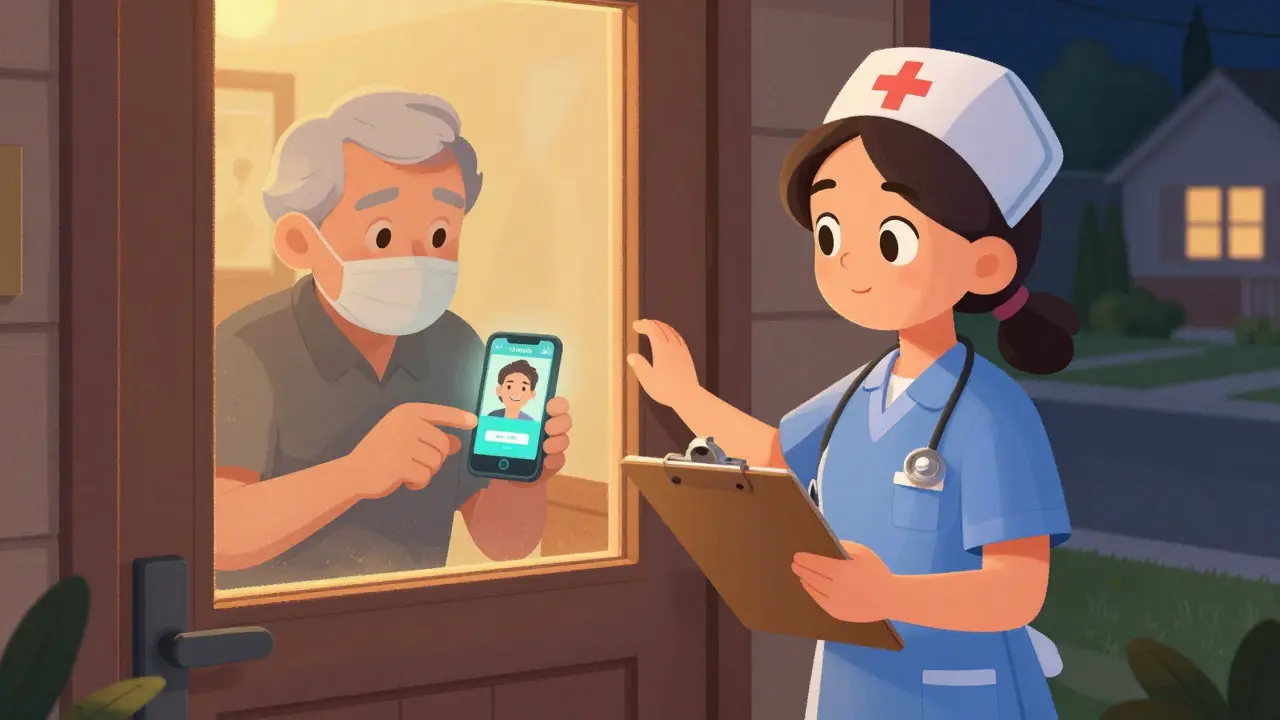 Home health nurse at door with daily pouches, elderly man using smart pill dispenser at night.