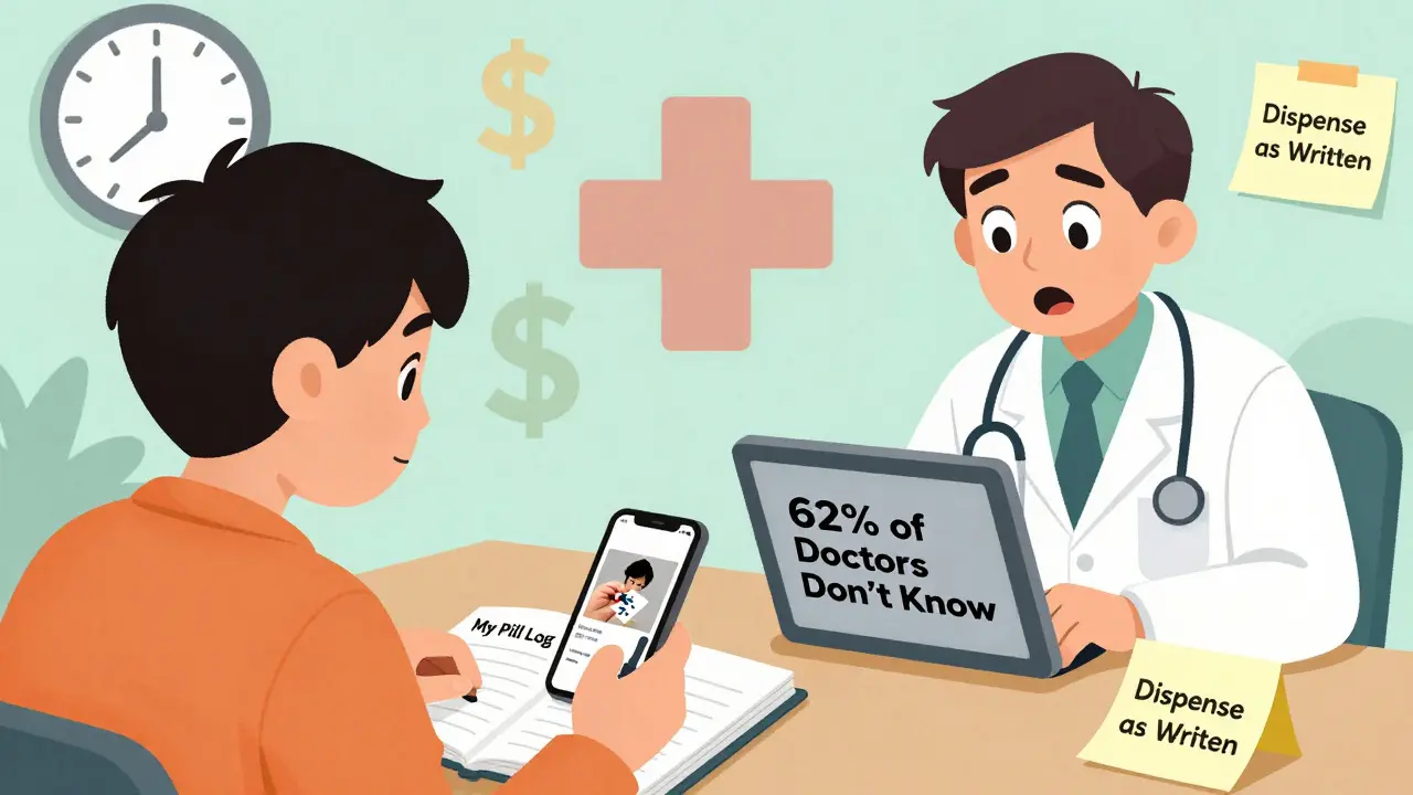 Patient logging pill details while doctor reads surprising statistic