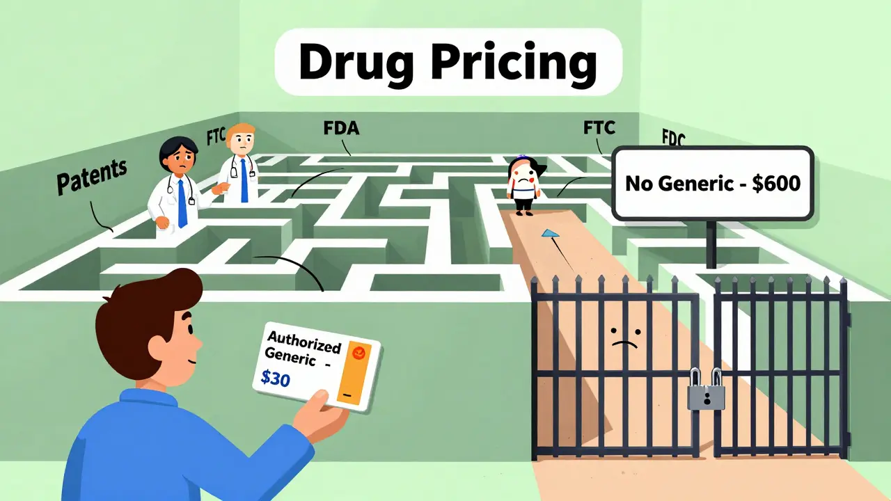 Patient navigating a pricing maze with two paths: cheap authorized generic vs. expensive brand.