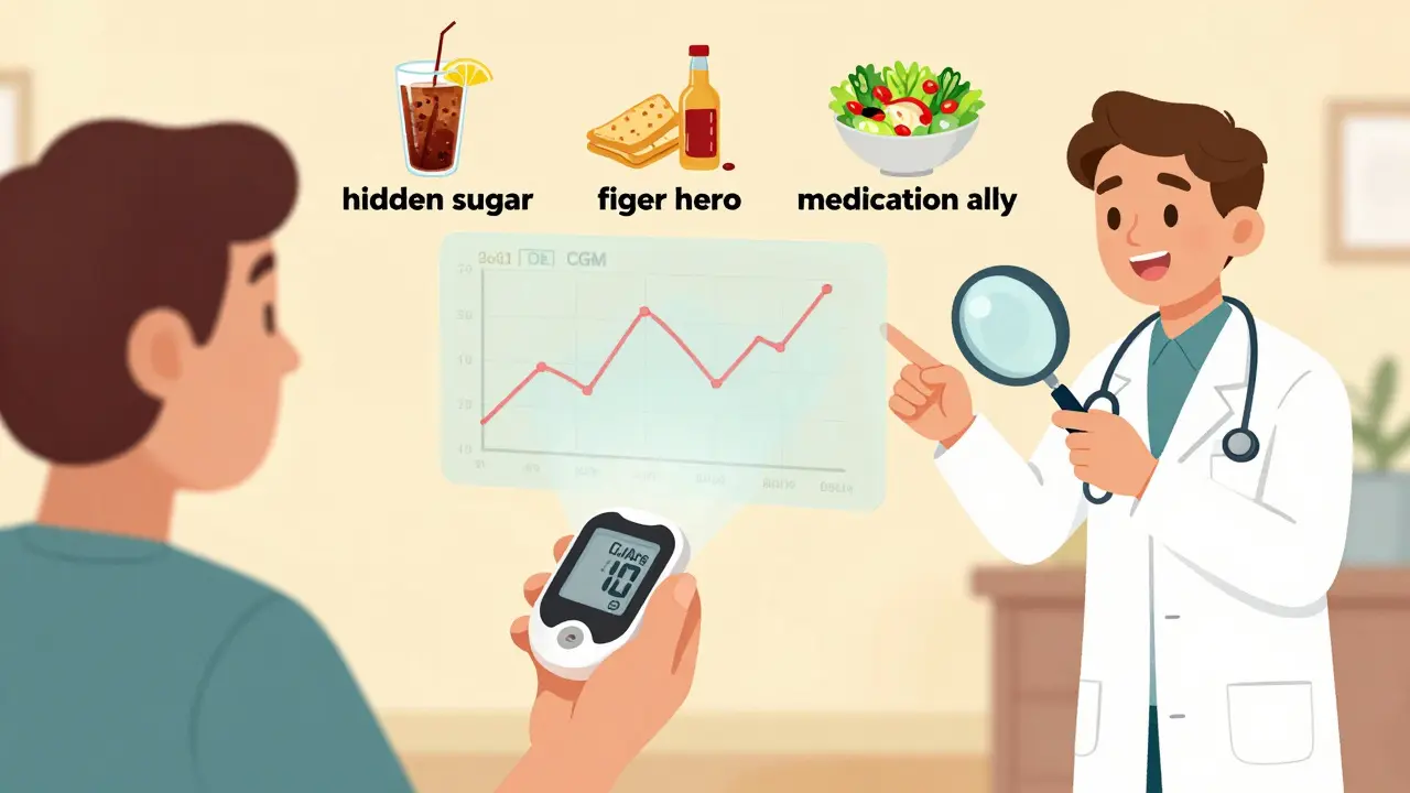 Patient with CGM graph showing sugar spikes, dietitian pointing at food icons.