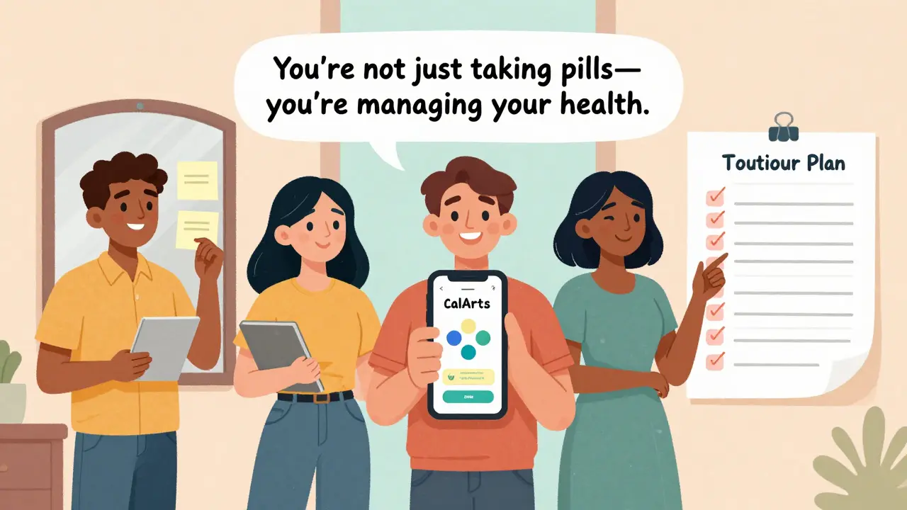 People in different homes use personalized medication plans—sticky notes, apps, and checklists—with confident, cheerful expressions.