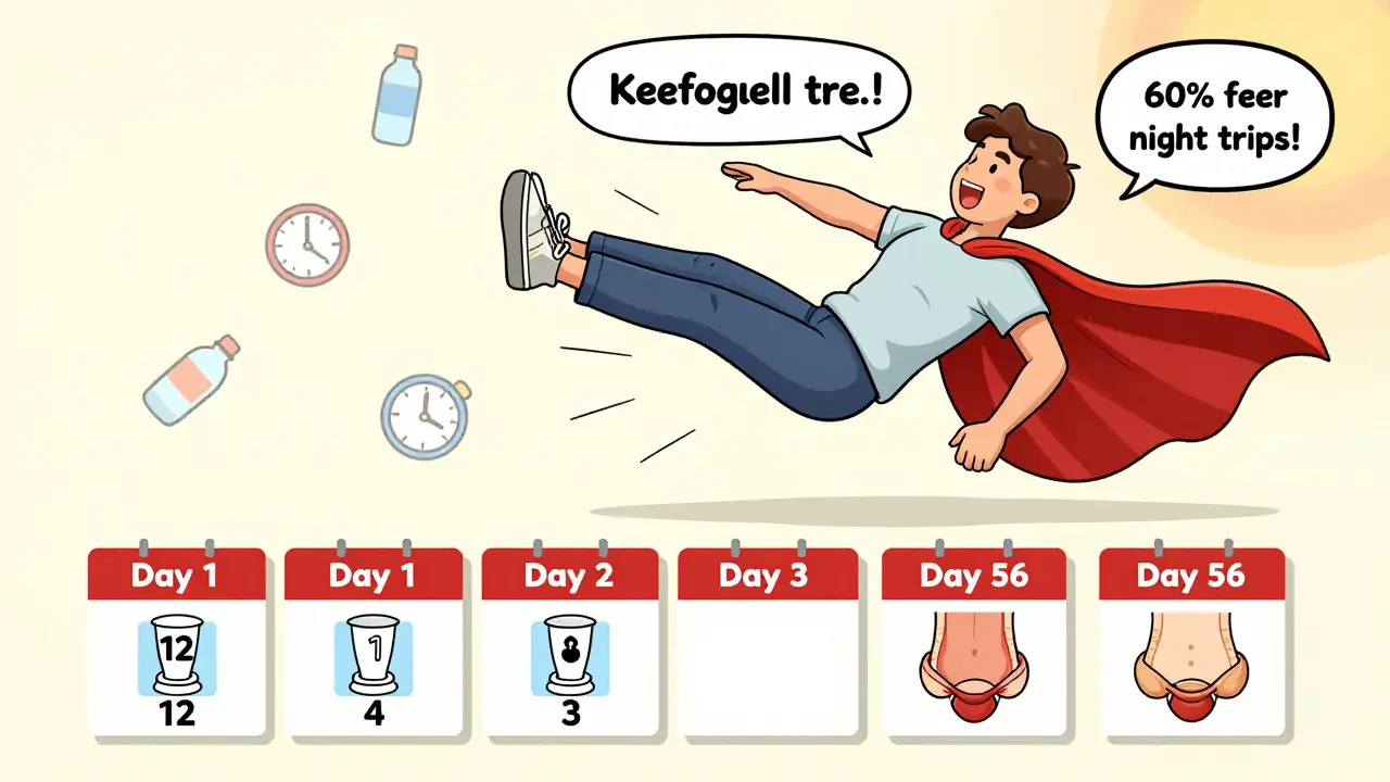 Person doing Kegel exercises with progress calendar showing reduced bathroom trips.