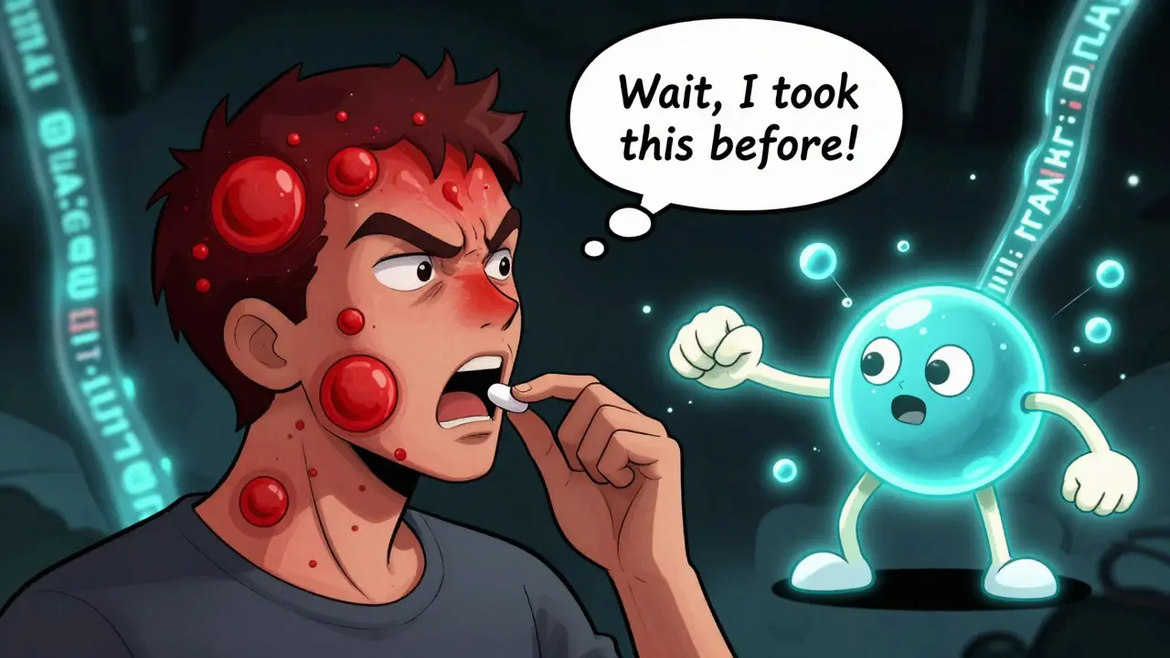 Person with severe skin reaction after taking one pill, immune system attacking drug molecule, genetic code glowing.