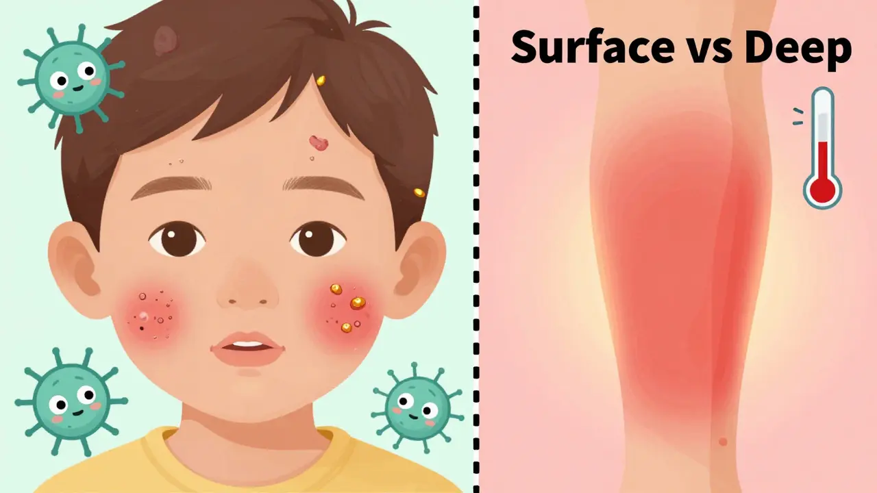 Side-by-side cartoon comparison of surface impetigo crusts and deep cellulitis swelling with bacteria icons.