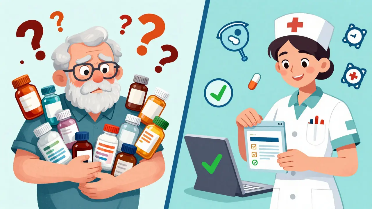 Split scene: chaotic medicine bottles vs. organized daily pouches with digital reminders.