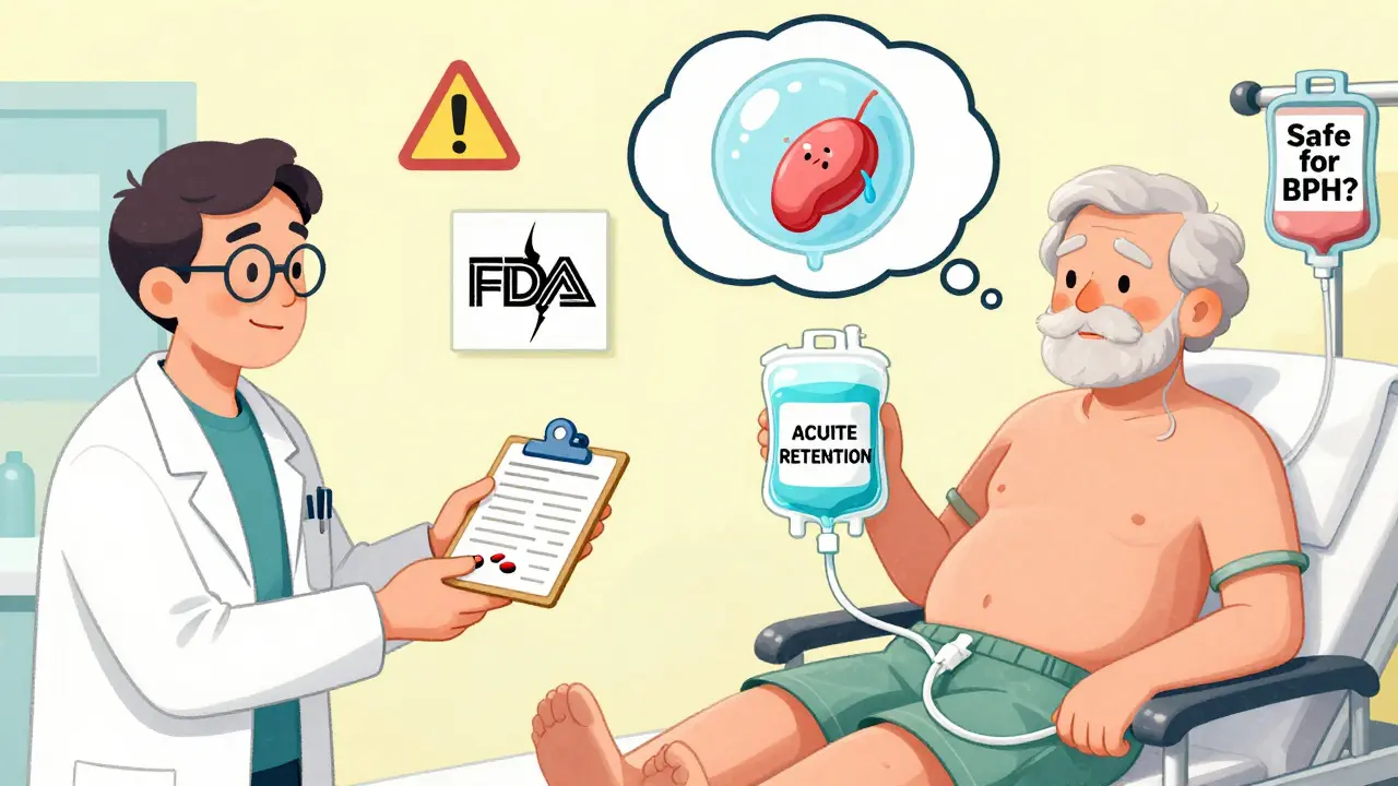 Split scene: doctor prescribing pills vs. same man in ER with catheter, bladder bursting in thought bubble.