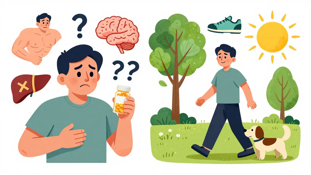 Split scene: person fearful of statin side effects on one side, healthy lifestyle on the other.