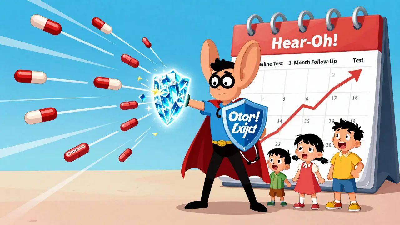 Superhero 'Hear-Oh!' protecting a family from ototoxic pills with a glowing otoprotect shield.