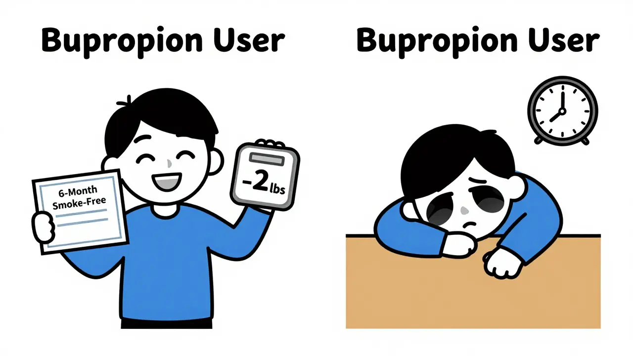 Two contrasting characters: one celebrating smoke-free success with less weight gain, the other struggling with insomnia.