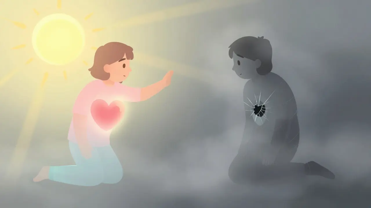 Two figures side by side: one bathed in gentle light with floating memories, the other weighed down by dark fog.