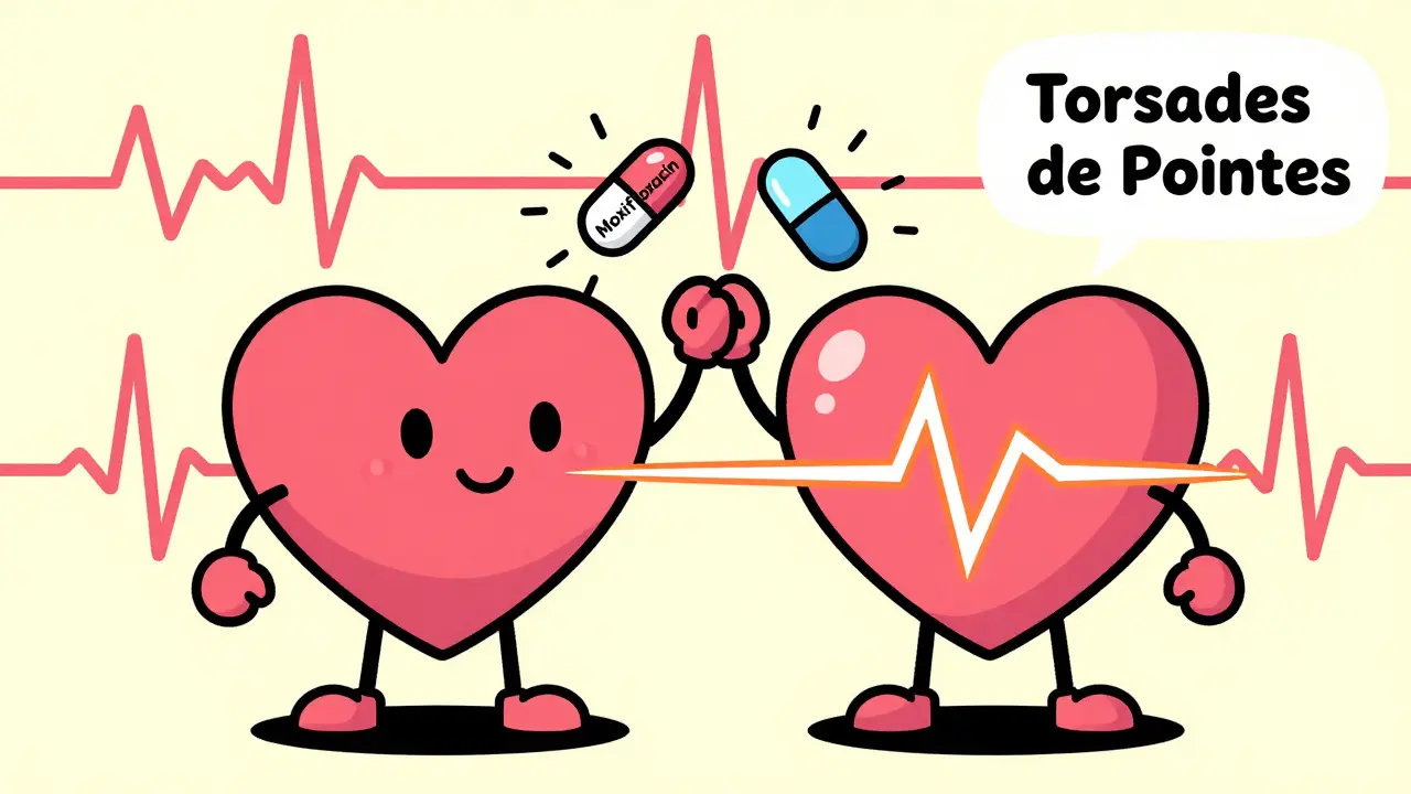 Two heart-acting drugs causing dangerous irregular heartbeat in stylized medical cartoon.