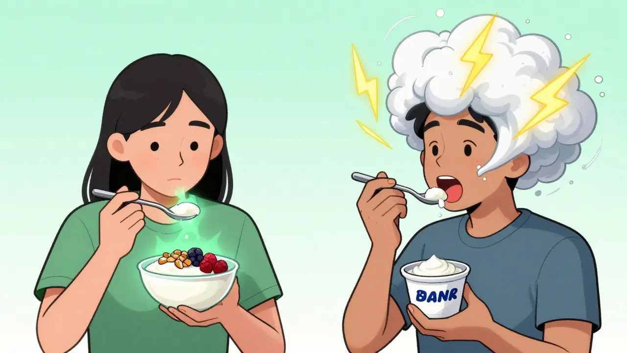 Two people eating yogurt: one with healthy berries, one with sugary storm above head.