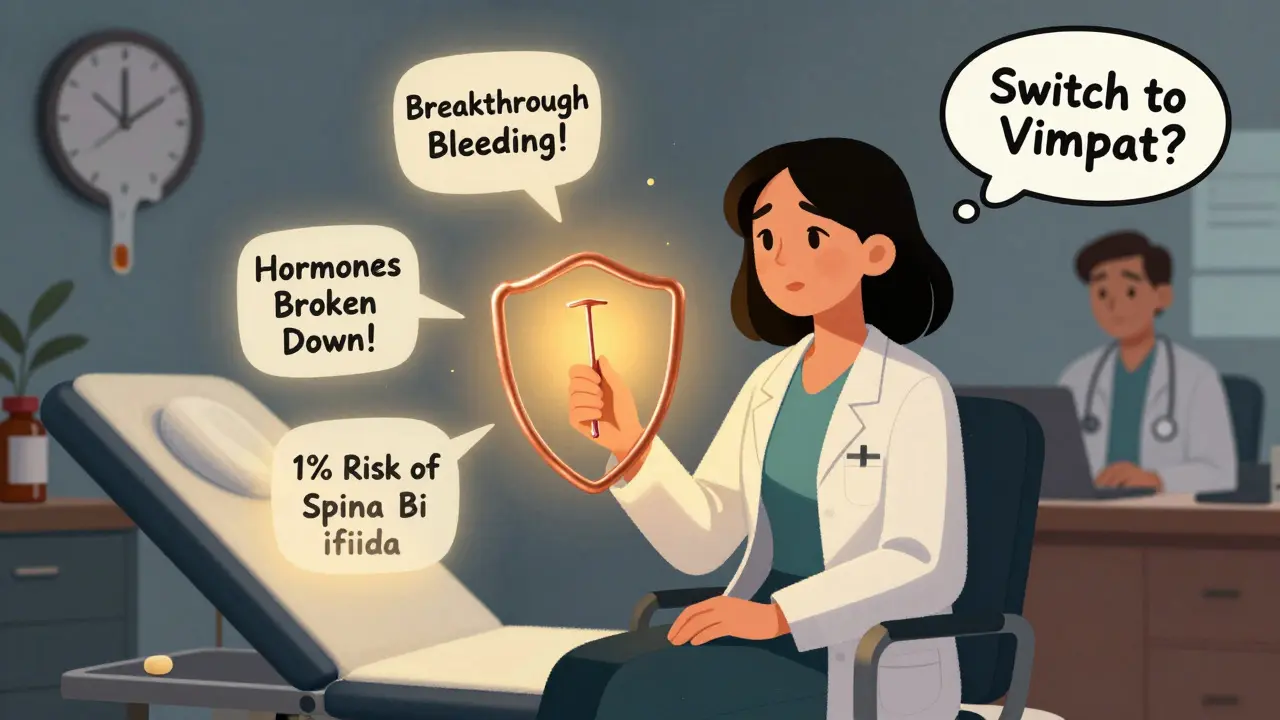 Woman holds copper IUD as shield in doctor’s office, warning signs float around her.