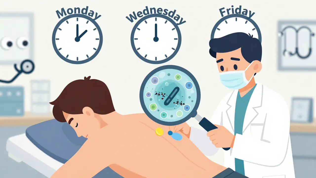 A dermatologist applies patch test stickers to a patient's back, with time stamps and microscopic immune cells visible.