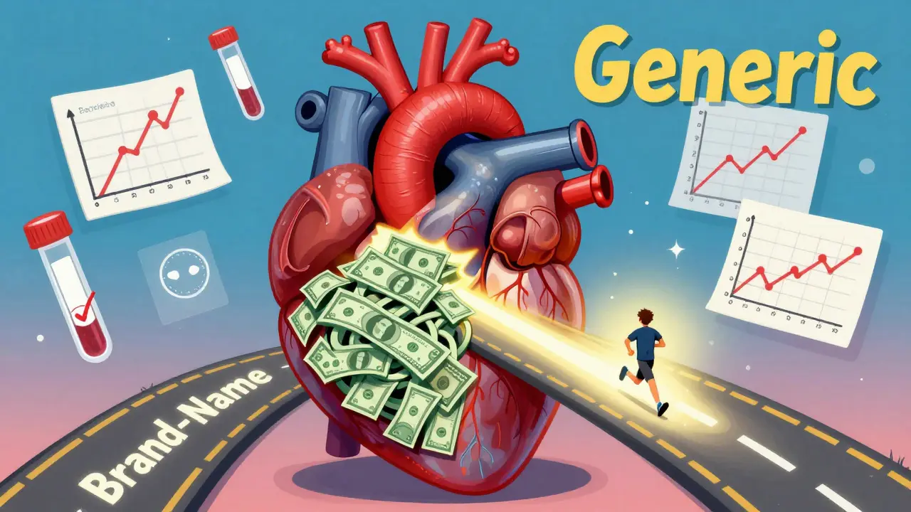 A heart has two paths — one tangled with money, the other smooth and glowing — showing generic drugs as the better route.
