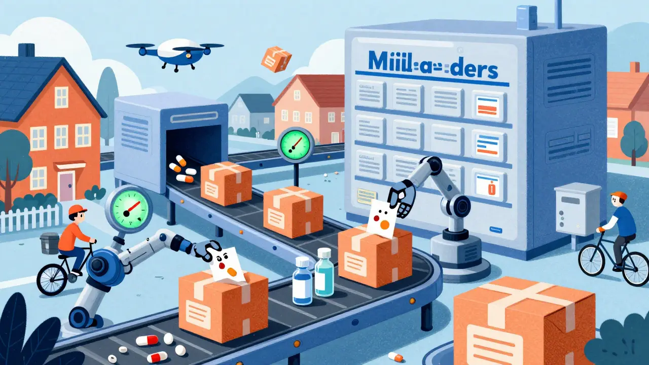 A high-tech mail-order warehouse with robotic arms packaging medications for delivery via drone and bike courier.