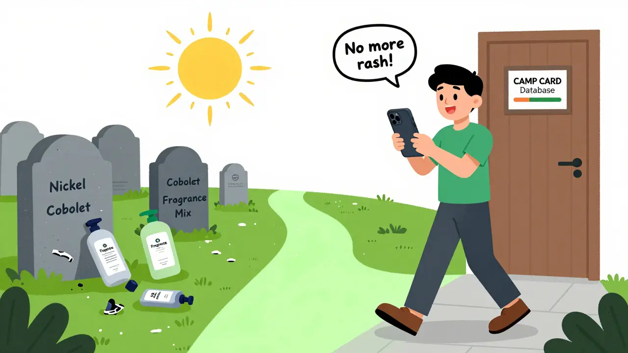 A person uses safe products and follows the CAMP database, leaving behind allergen-filled products on a path to relief.