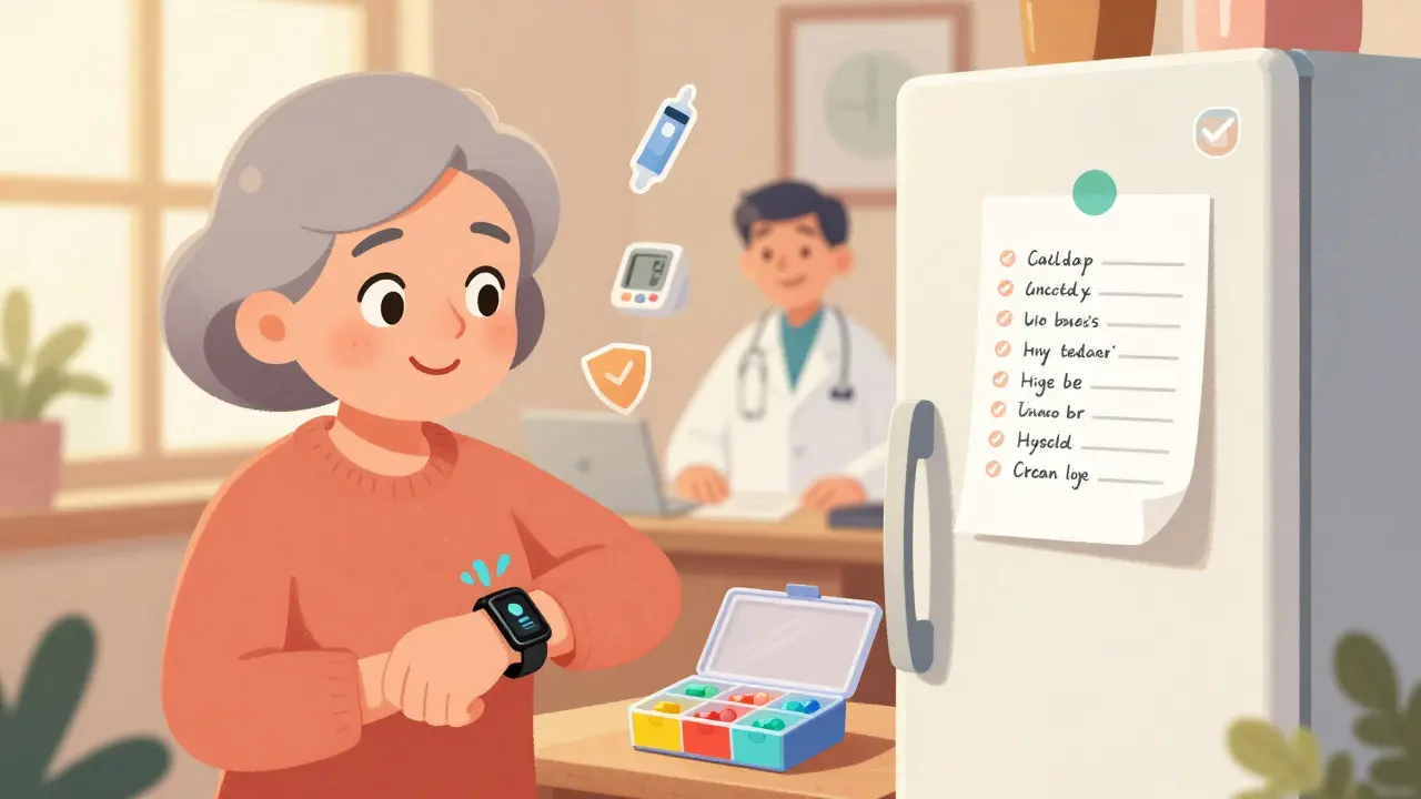 An elderly woman using a color-coded pill box and smartwatch reminder for medications.