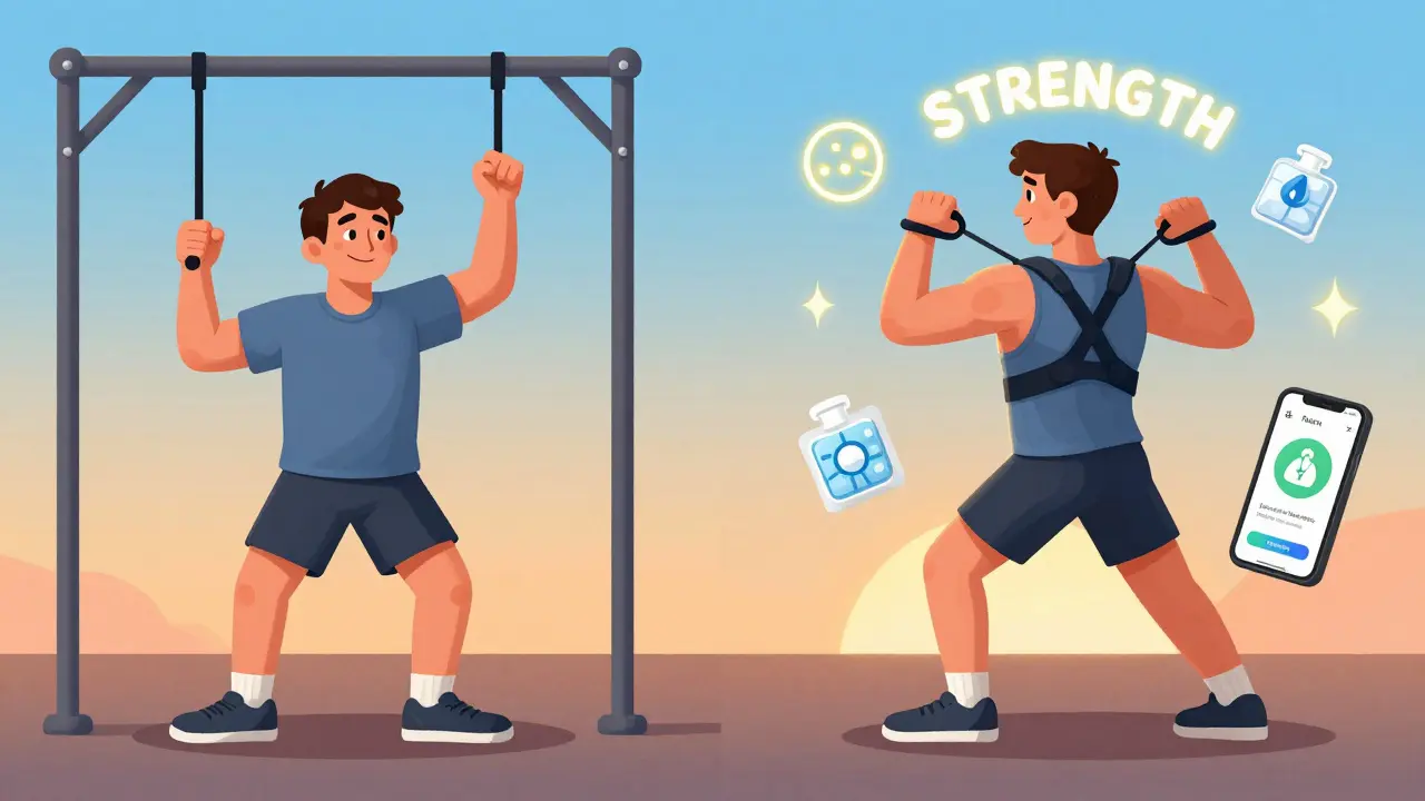 Before-and-after rehab scene: person doing pendulum exercise transitioning to resistance band training with glowing strength icons.