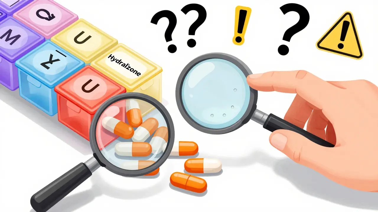 Mismatched pills labeled 'Hydralazine' and 'Hydroxyzine' with a magnifying glass highlighting differences.