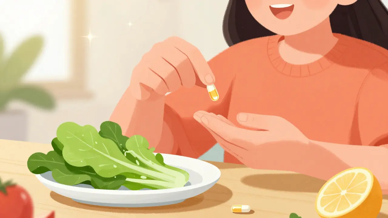 Person taking vitamin D supplements and eating leafy greens for kidney health.