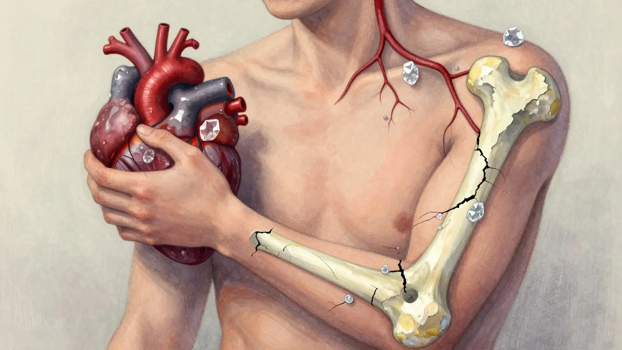 Person with cracked bone and calcified blood vessels showing CKD-MBD complications.