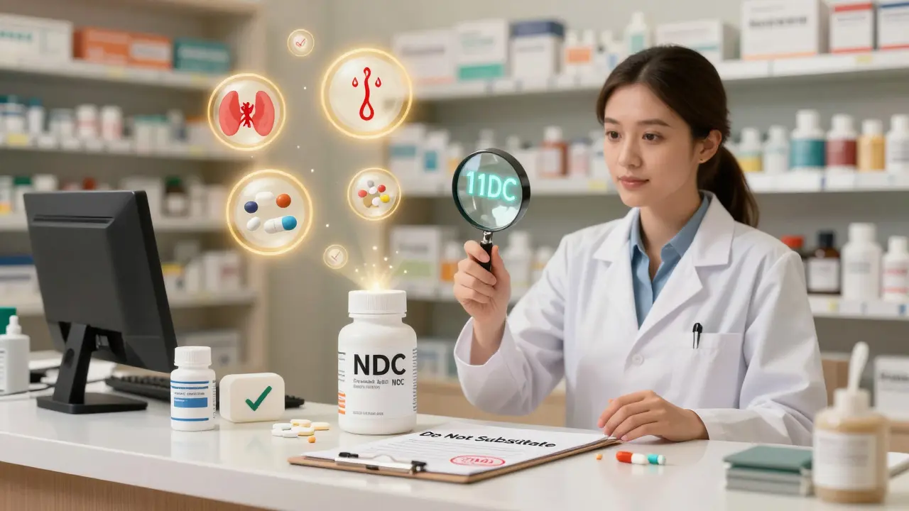 Pharmacist using magnifying glass to reveal matching NDC code on pill bottle, with 'Do Not Substitute' stamp visible
