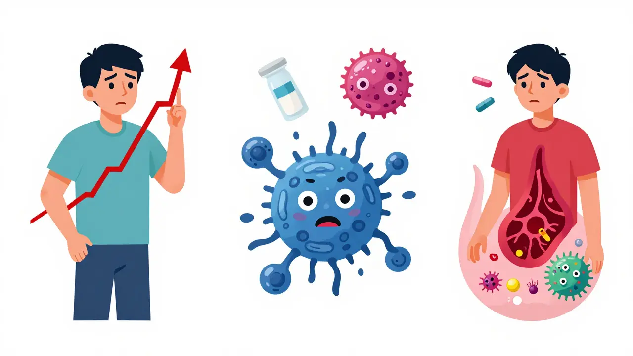 Three different drugs failing to absorb due to stomach pH changes.