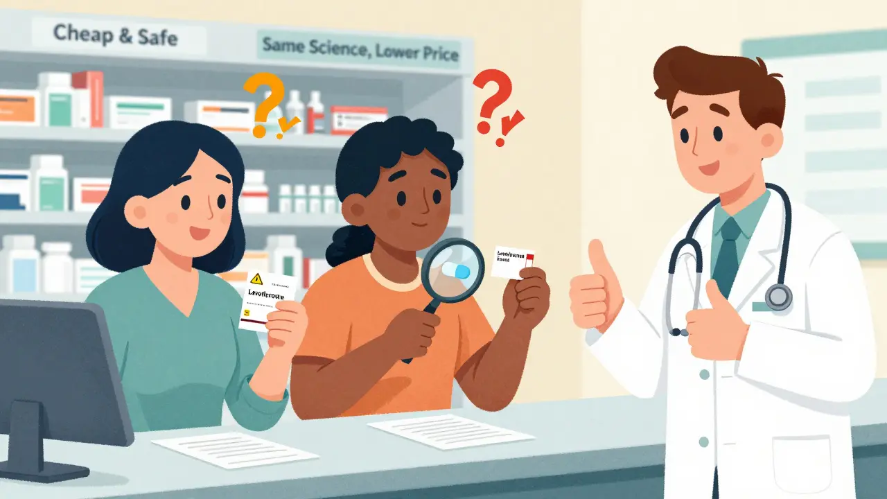 Three patients at a pharmacy hold different pills, one with a caution sign, as a pharmacist confirms safety and savings.