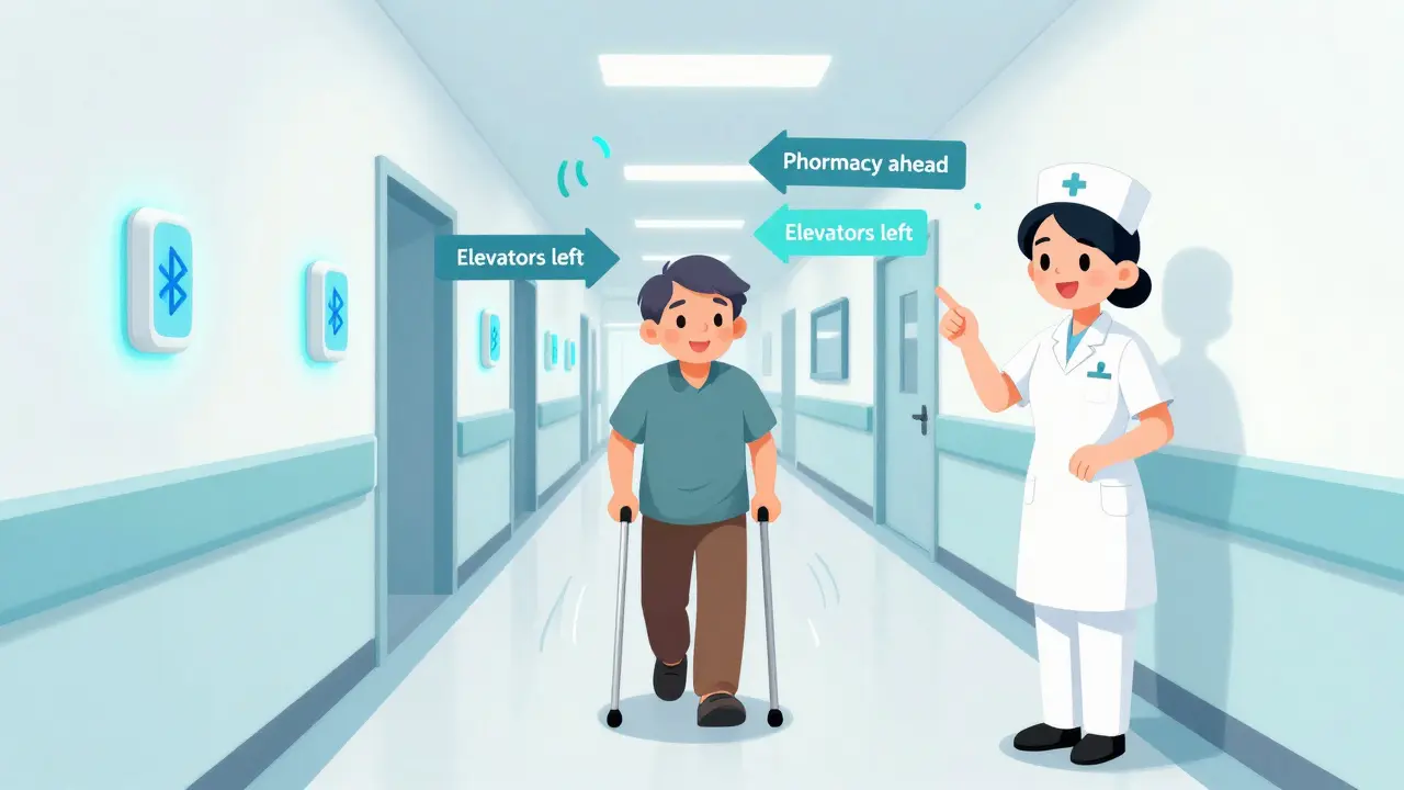 A hospital hallway with glowing audio directions guiding a patient with a cane.