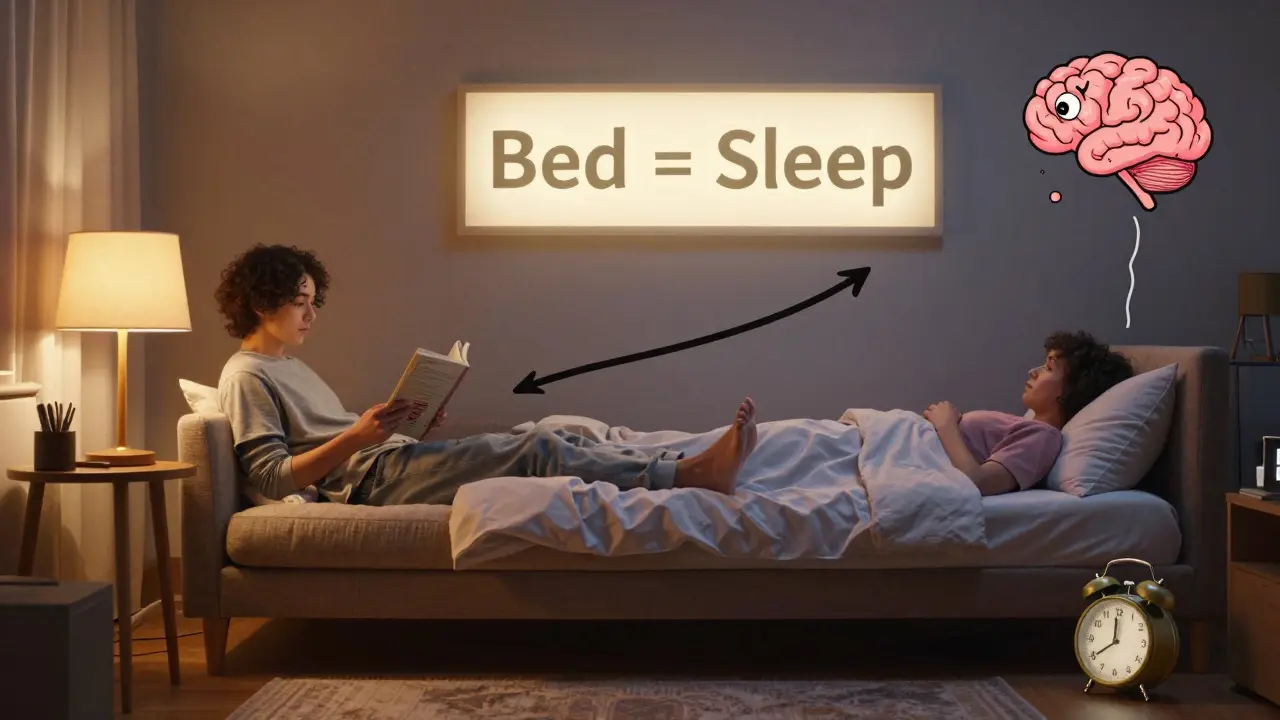 A person reading calmly in dim light while their bed glows with the message 'Bed = Sleep', with a brain and alarm clock nearby.