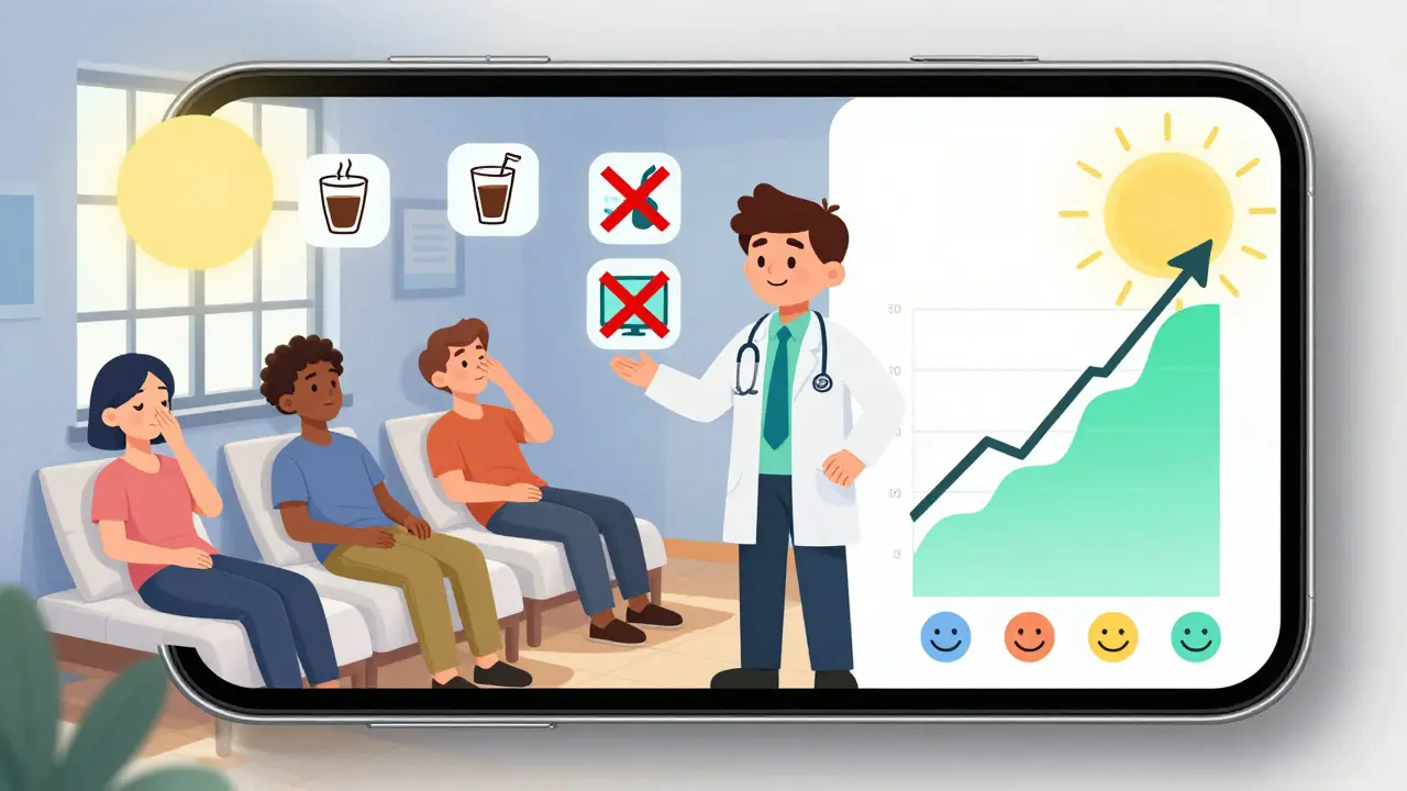 A smartphone screen showing a cartoon coach guiding people through sleep techniques, with crossed-out coffee and screens, and a rising sun.