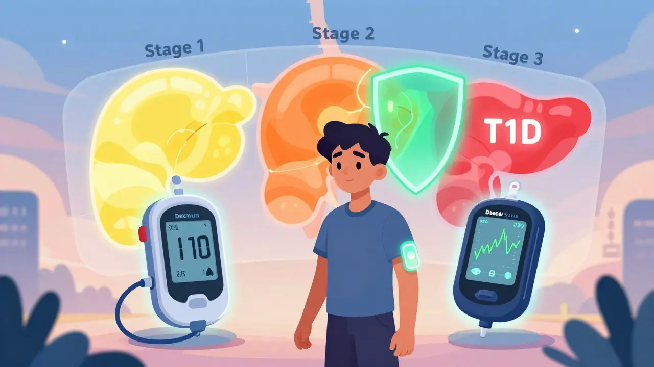 A teen with a CGM and insulin pump, surrounded by a glowing map showing the three stages of type 1 diabetes progression.