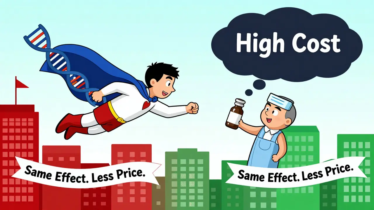 Biosimilar superhero flying beside original drug, rescuing patients from high-cost cloud.