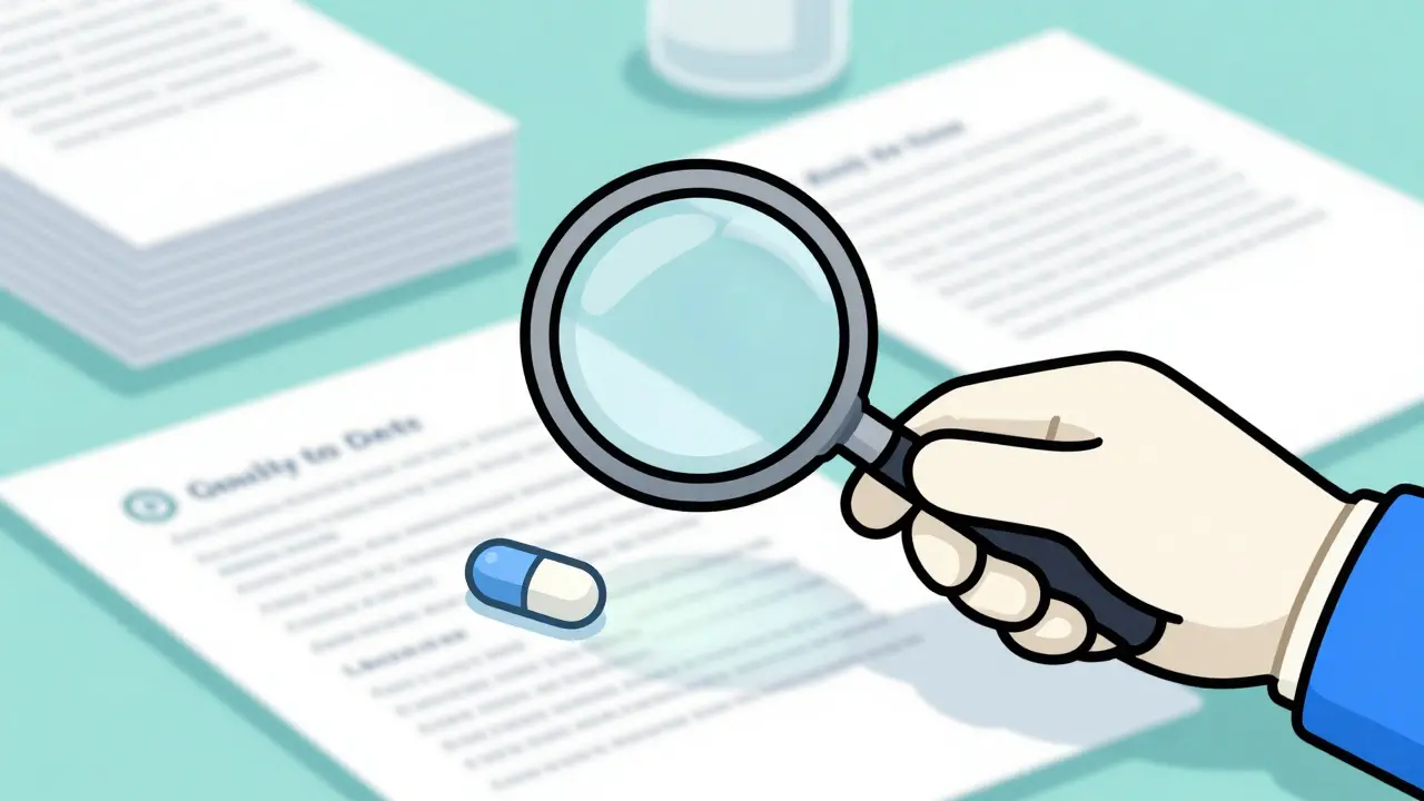 Close up of a gloved hand inspecting a pill for quality control.