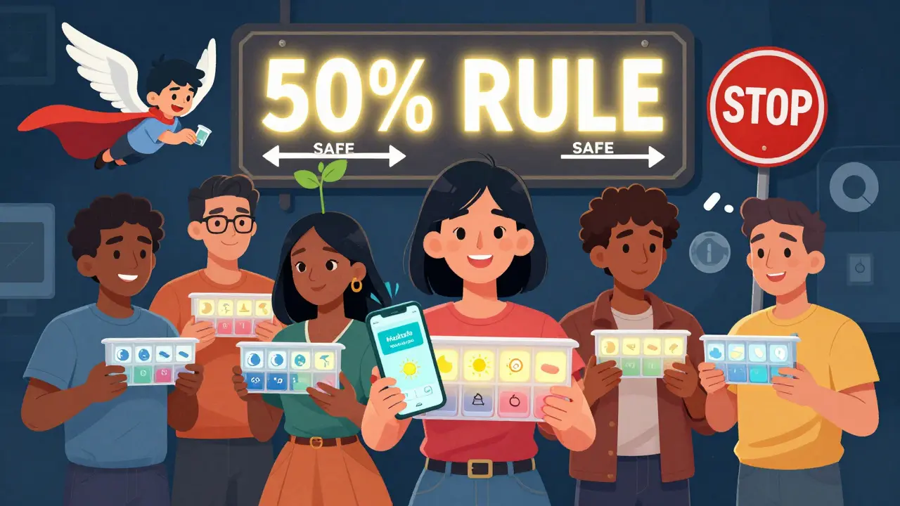 Diverse people using glowing pill organizers with time labels, one organizer flying like a cape, and a '50% RULE' beacon in background.