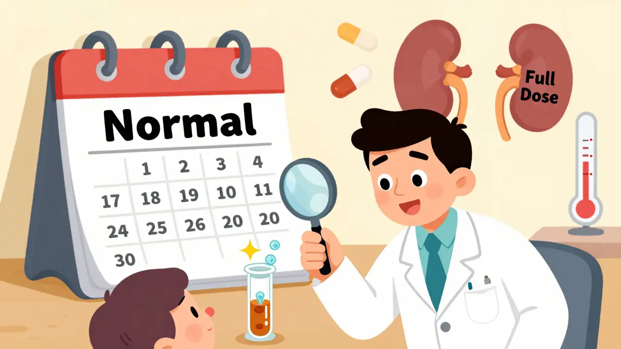 Doctor examining urine sample with protein crystals, pills flying toward kidneys.